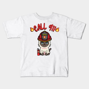 Cute Siamese cat is a firefighter Kids T-Shirt